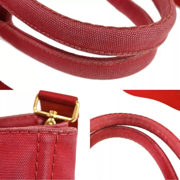 PRADA Logo Mini CANAPA 2Way Shoulder Bag Canvas leather Red Gold with COA - Picture 6 of 15